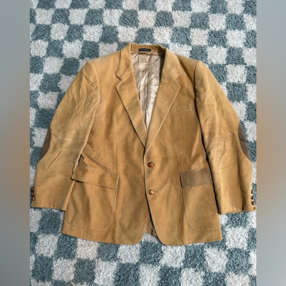 VINTAGE retro Corduroy 70s style Men's Tan 2 Woven Button Blazer Pockets Size 42